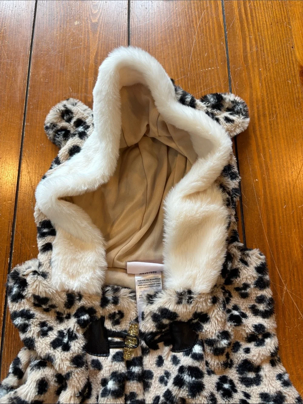 Little Lass Tan, Cream and Black Faux Fur Baby Hooded Vest Size 18 Months EUC